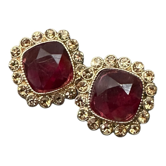Monet Burgundy Gold Cushion Cut Stud Earrings 1655 - Picture 2 of 4